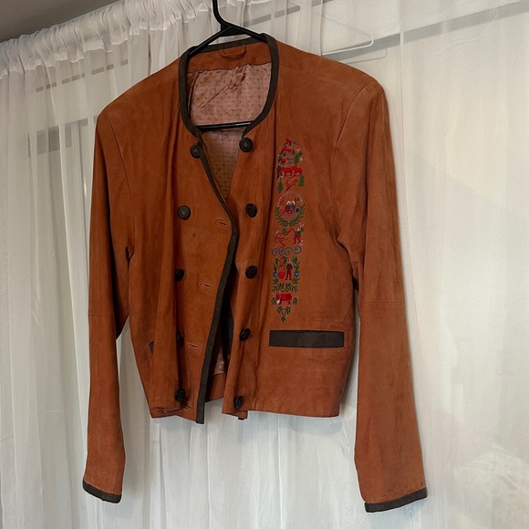 Jackets & Blazers - Embroidered Leather Brown Women's Jacket